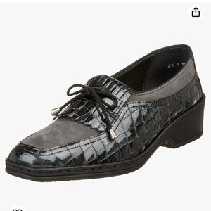 ARA WOMENS RACHEL SLIP ON‎ BLACK LEATHER LOAFERS IN FAUX CROCODILE SKIN